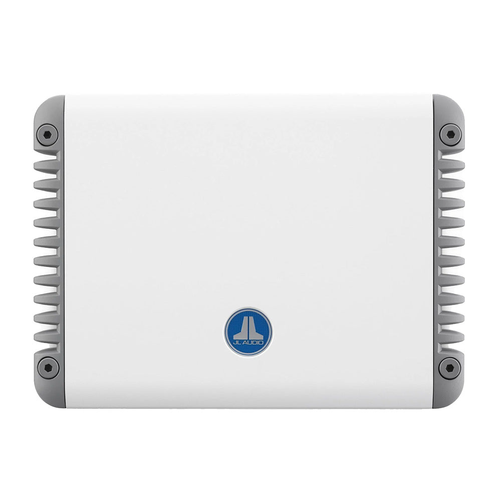 JL Audio car amplifier with white casing and blue logo, featuring heat-dissipating side fins for high-performance audio installation.