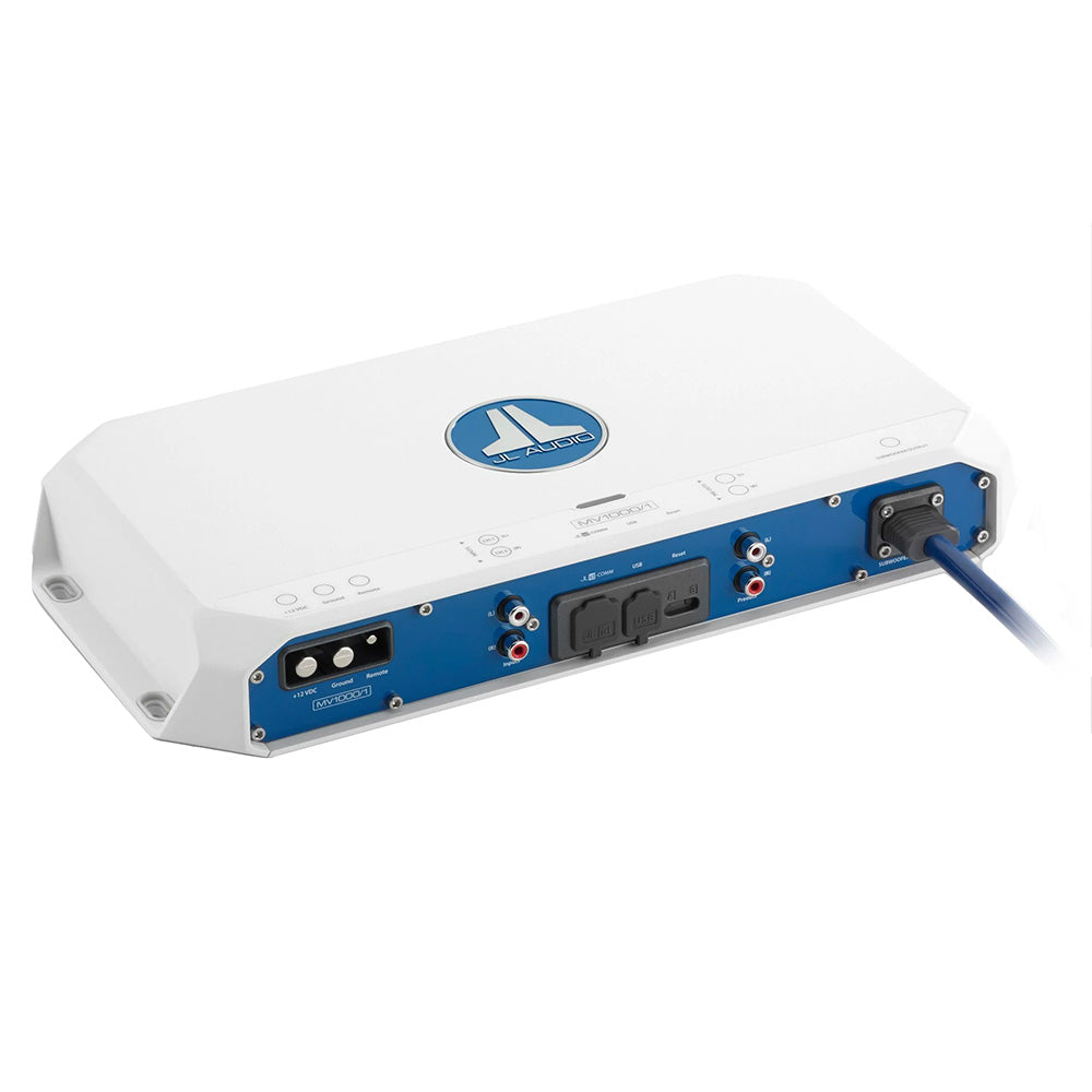 JL Audio MV1000/1 car amplifier with blue accents and rear connections for audio installation