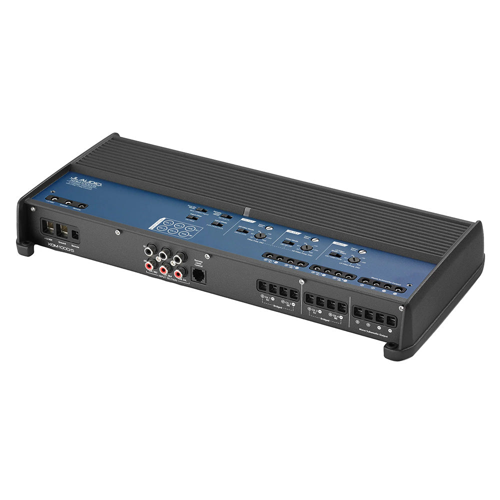 JL Audio XDM1000.5 car amplifier with multiple input/output ports and control knobs for high-performance audio systems