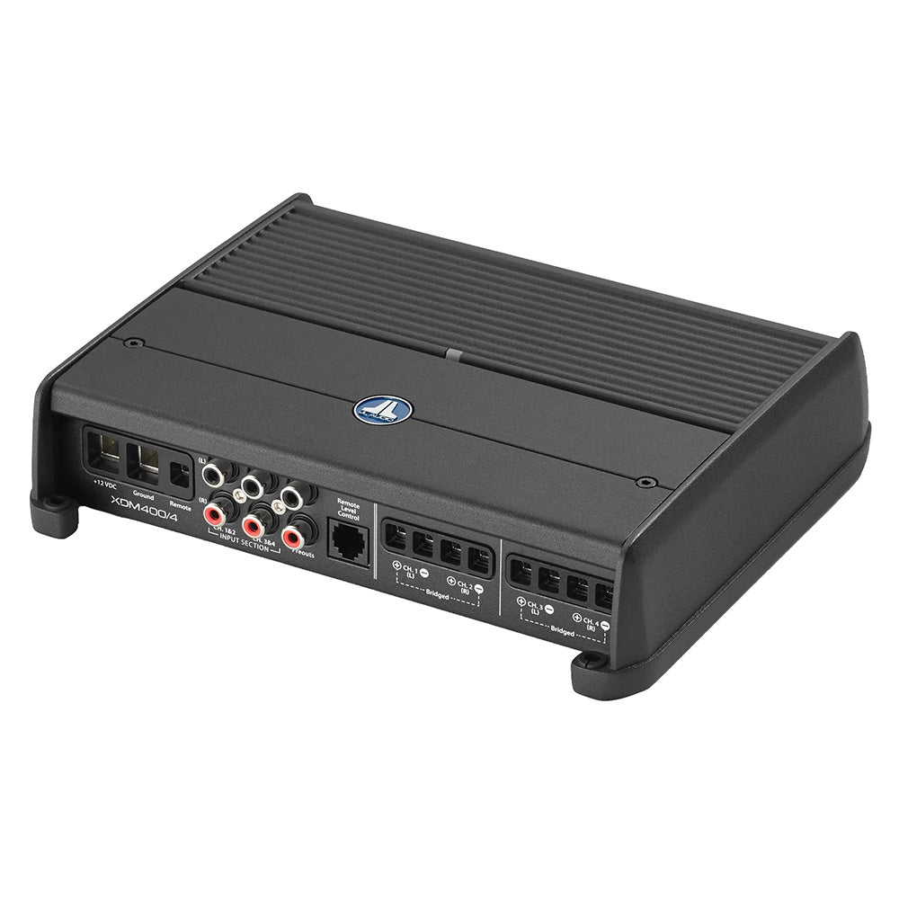 JL Audio XDM400/4 4-channel car amplifier with RCA inputs and speaker terminals for high-quality audio installation