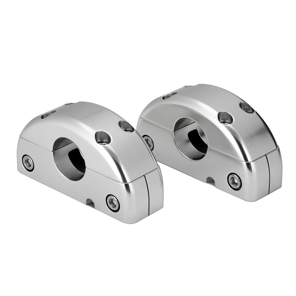 Shiny chrome metal clamps for audio or auto installation, precision-engineered with bolt holes