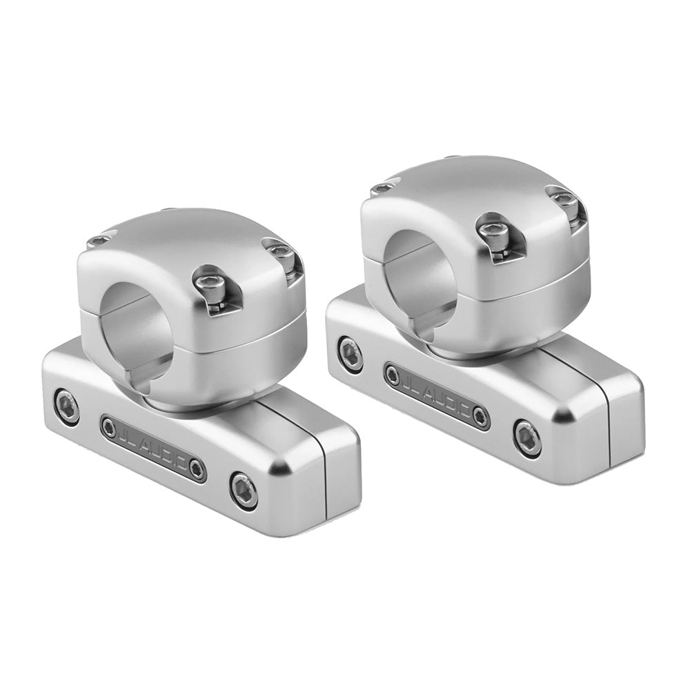 JL Audio marine speaker mounts for boat audio systems, silver aluminum design with secure clamping