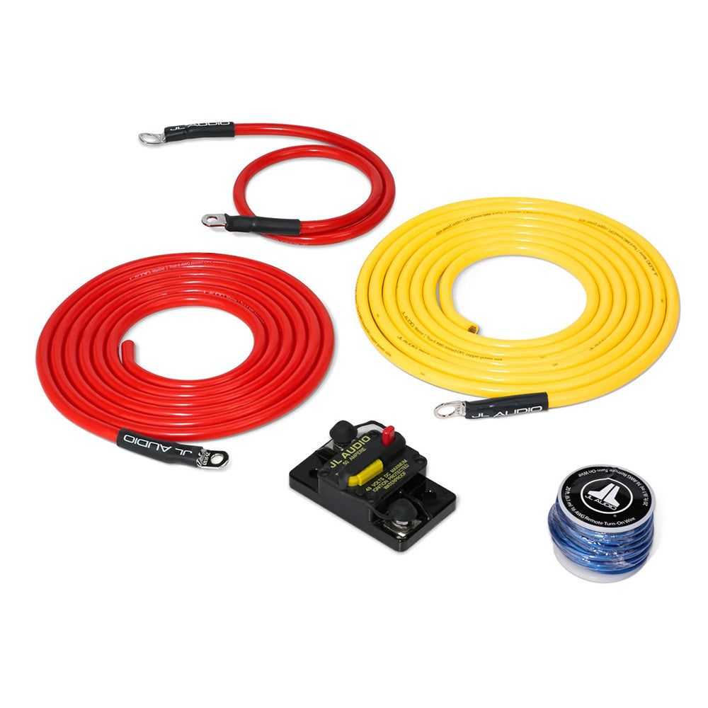 JL Audio amplifier installation kit with red and yellow power cables, fuse holder, and remote turn-on wire