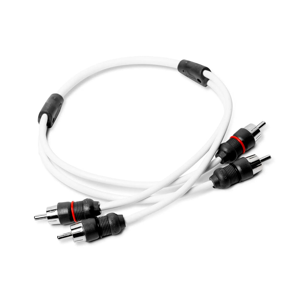 White RCA audio cable with black connectors for car stereo or home audio systems