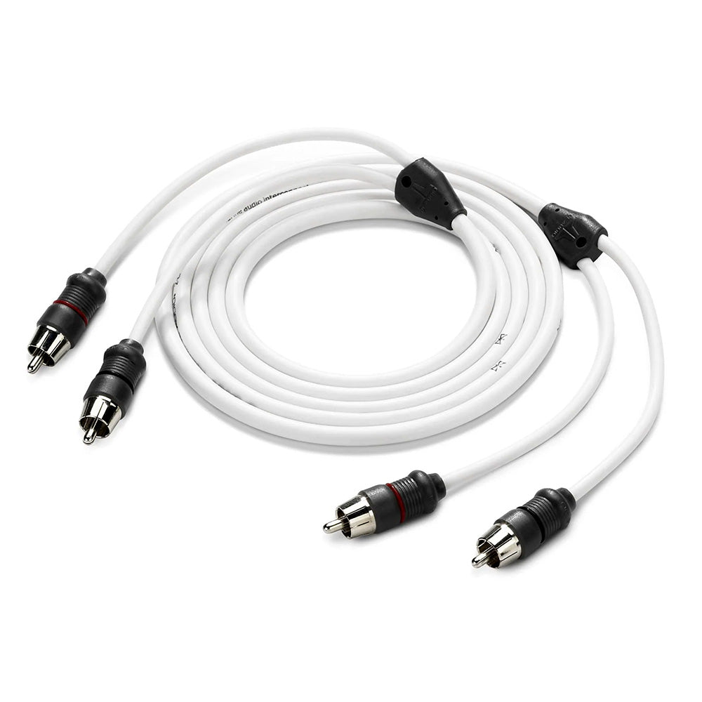 White RCA audio cable with black connectors for car stereo or home audio installation