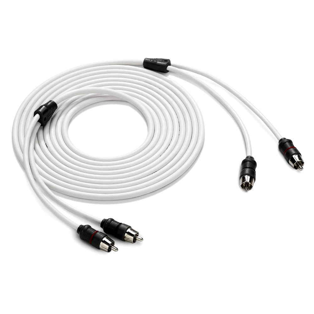 White dual RCA audio cable with black connectors for car stereo or home audio installation
