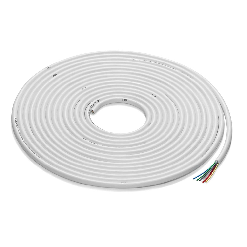 Coiled white JL Audio speaker wire with multi-colored conductors for car audio installation