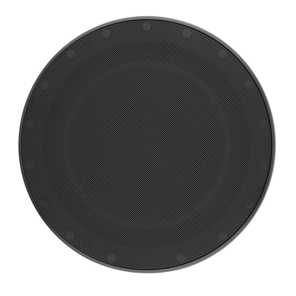 Black circular speaker grille with fine mesh, ideal for car audio or home theater systems.
