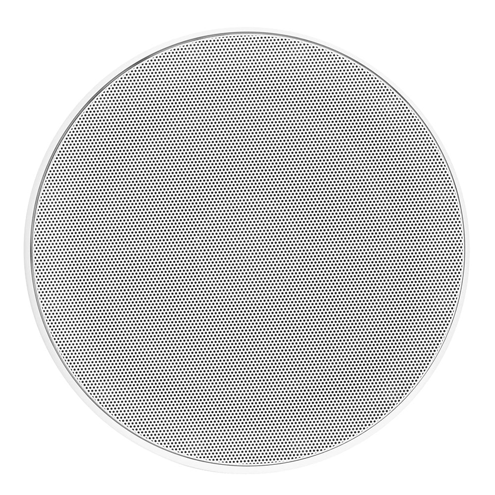 White circular ceiling speaker with perforated grille for home or car audio installation