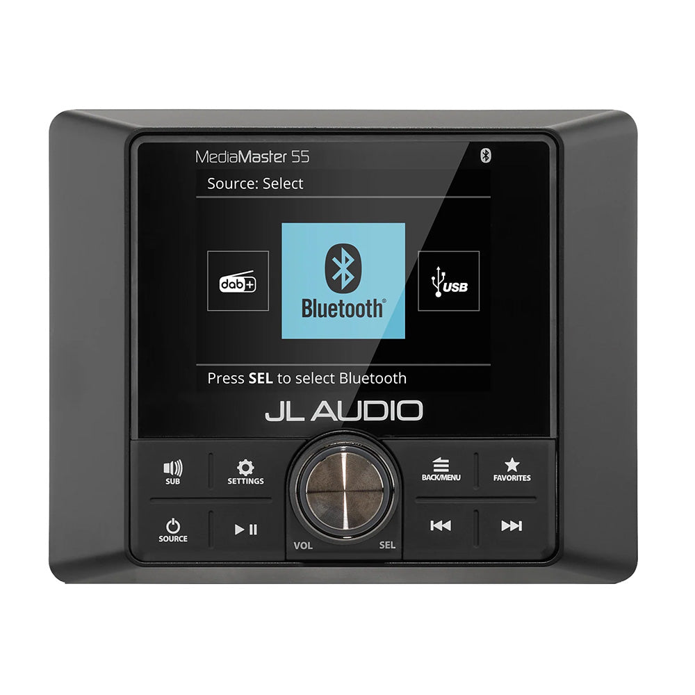 JL Audio MediaMaster 55 marine stereo with Bluetooth, USB, and DAB+ support for boat audio systems