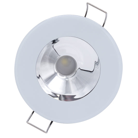 Round LED recessed ceiling light with chrome reflector and white trim for residential or commercial use