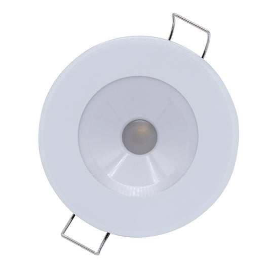 White LED recessed ceiling light with metal mounting clips, ideal for residential or commercial lighting installations.