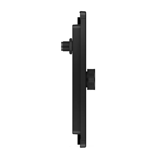 Black car audio amplifier side view with adjustment knob and input port