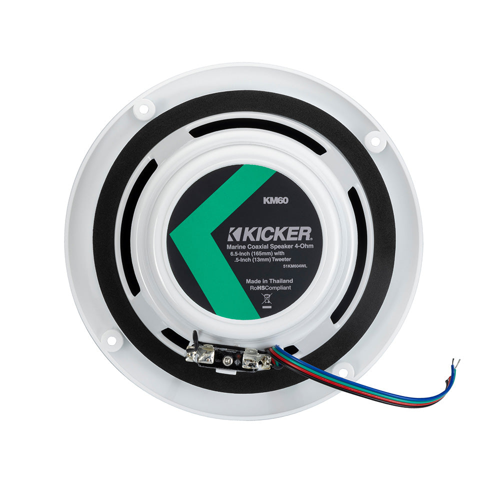 Kicker KM60 marine coaxial speaker, 6.5-inch with tweeter, white frame, 4-ohm, ideal for boat audio systems
