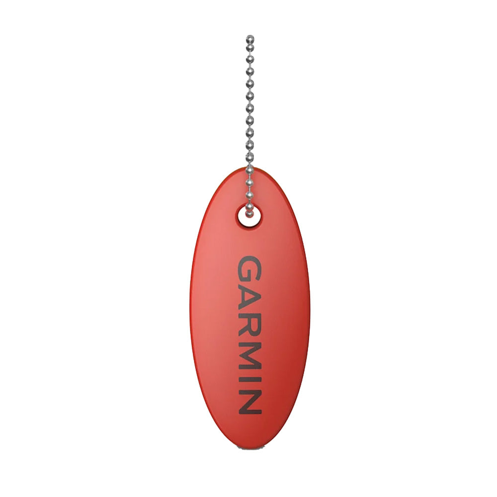 Red Garmin oval tag with metal ball chain, ideal for keychains or gear identification.