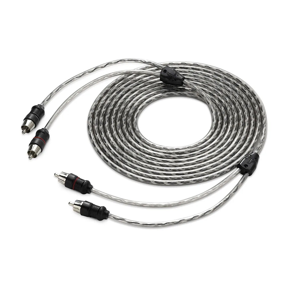 High-quality RCA audio cable with twisted silver shielding for car stereo or home audio systems