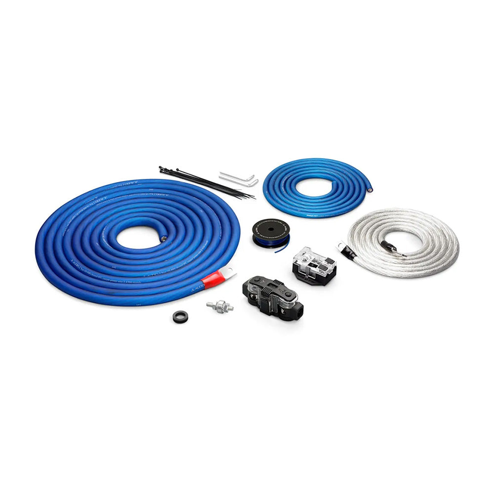 Blue and silver car audio wiring kit with fuses, connectors, and installation tools for JL Audio or Alpine systems