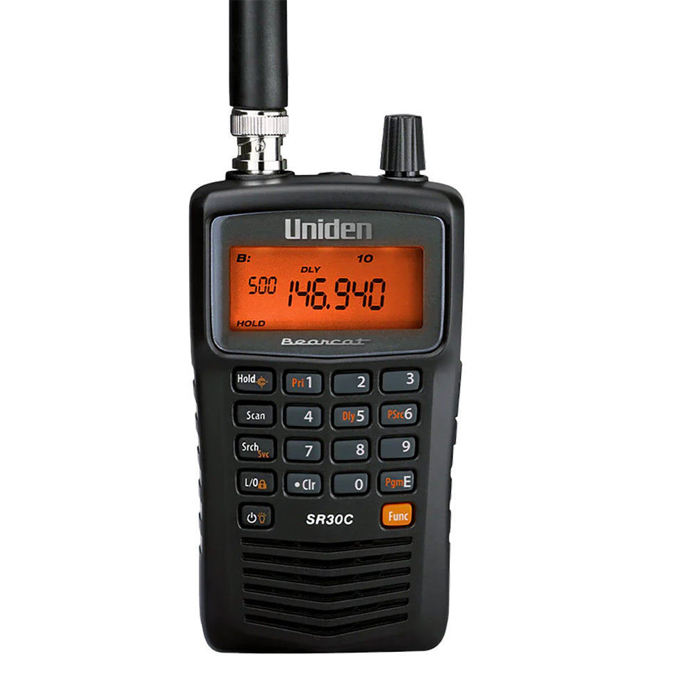 Uniden Bearcat SR30C handheld scanner with orange display and antenna, model SR30C