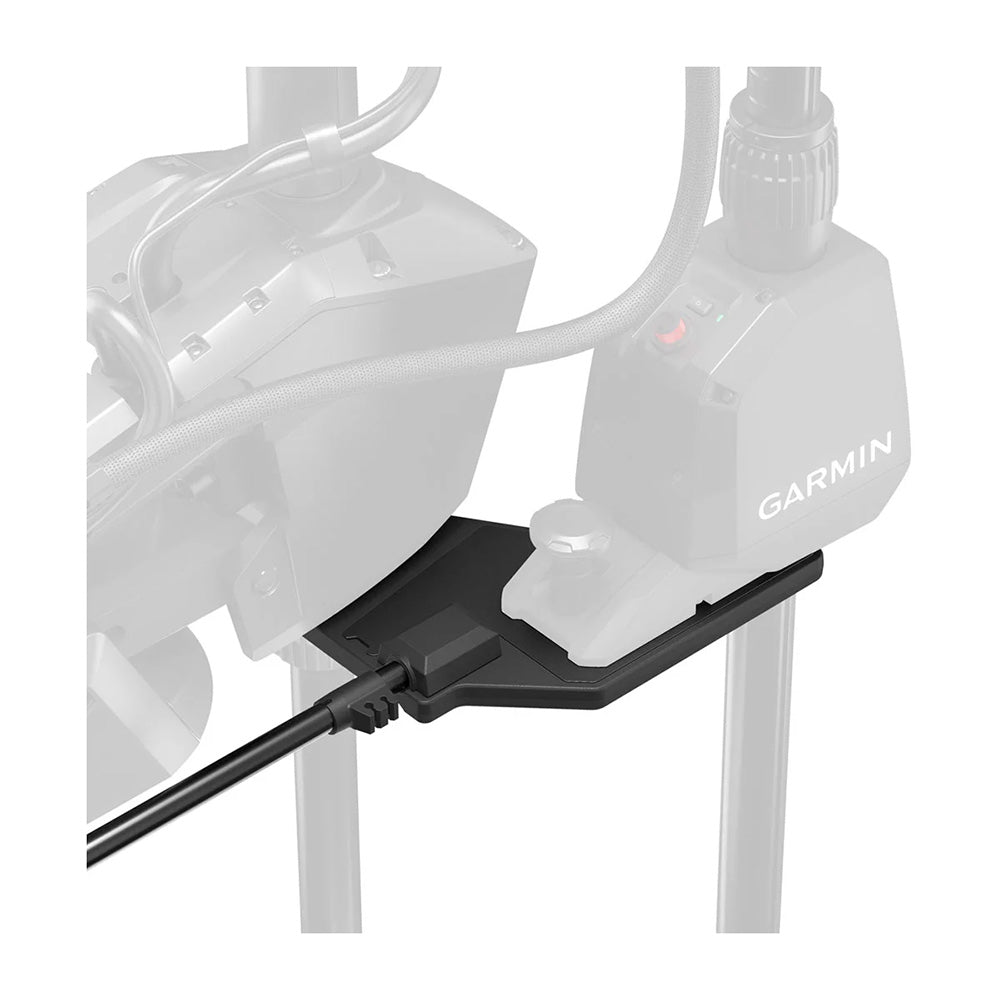 Garmin marine device mounted on black bracket with cable connection