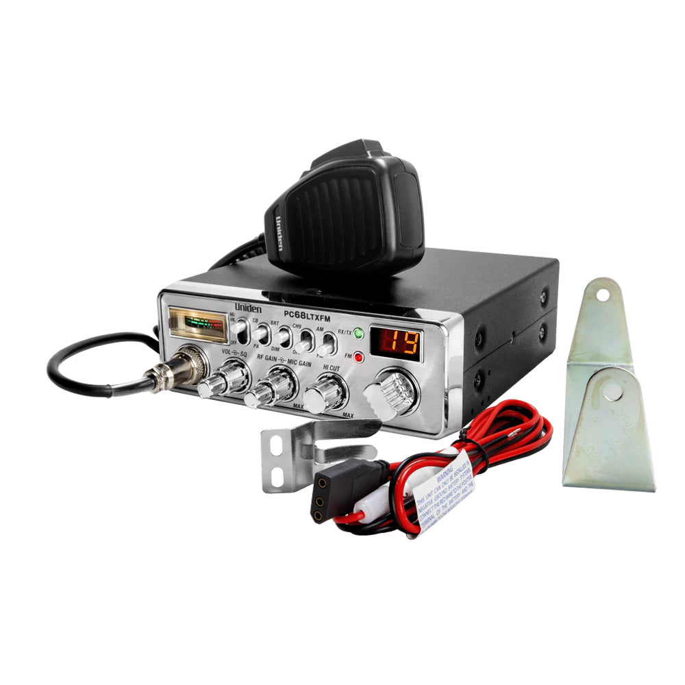 Uniden PC68LTXFM CB radio with mic, wiring, and mounting brackets for vehicle installation