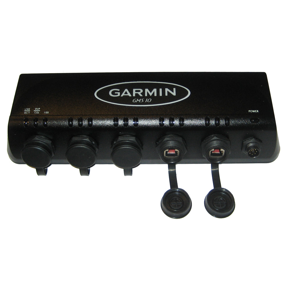 Garmin GMS 10 marine network switch with Ethernet ports and power connector for boat electronics