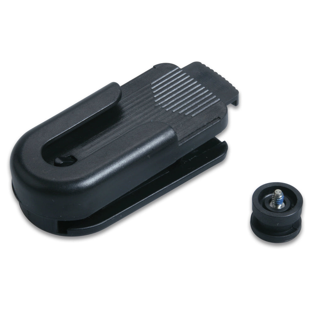 Black plastic car mount clip with screw adapter for dash or vent installation