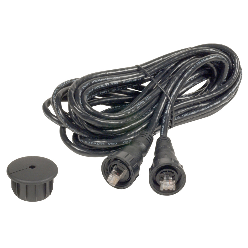 Black shielded Ethernet patch cable with RJ45 connectors and dust cap, ideal for audio/video installations