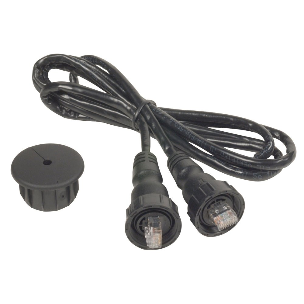 Black Cat 5e Ethernet cable with RJ45 connectors and dust cap for audio/video installations