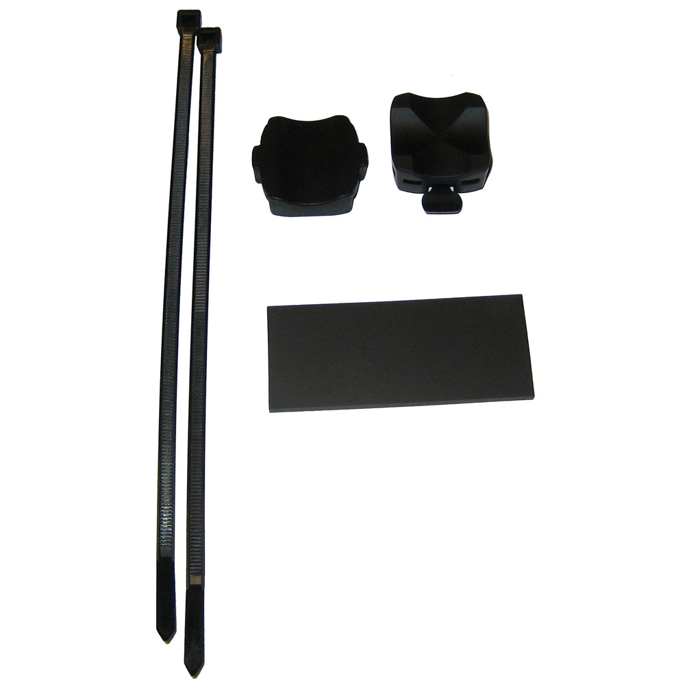 Black car audio installation kit with zip ties, mounting brackets, and adhesive pad for secure setup