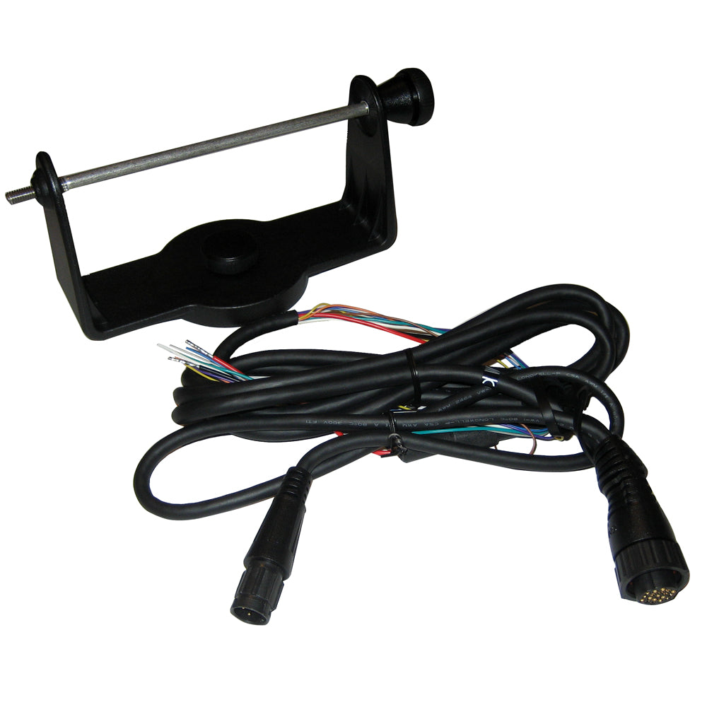 Black automotive wiring harness with multi-pin connectors and mounting bracket for car audio installation