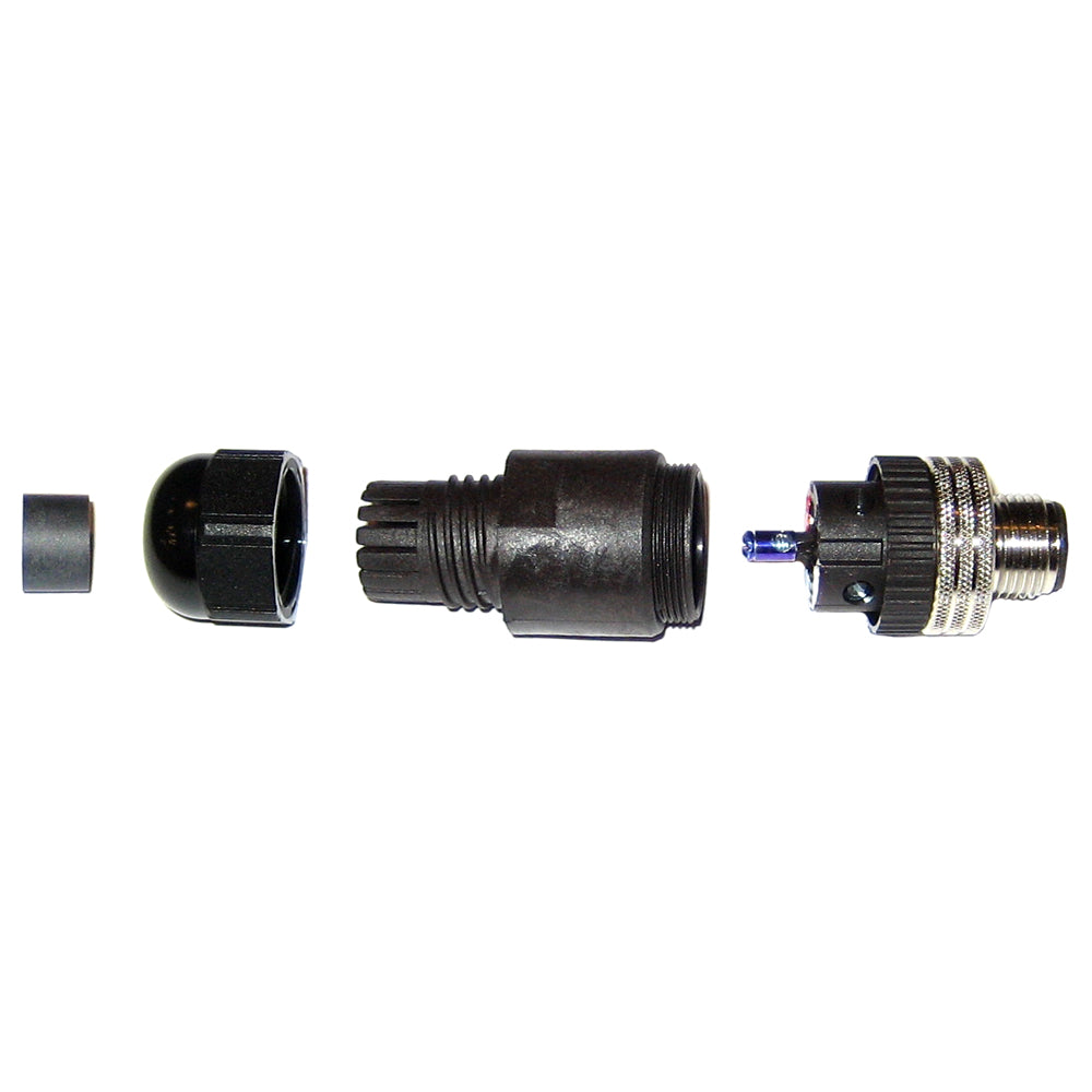 Disassembled waterproof audio connector with black housing and metal threads for car audio installation
