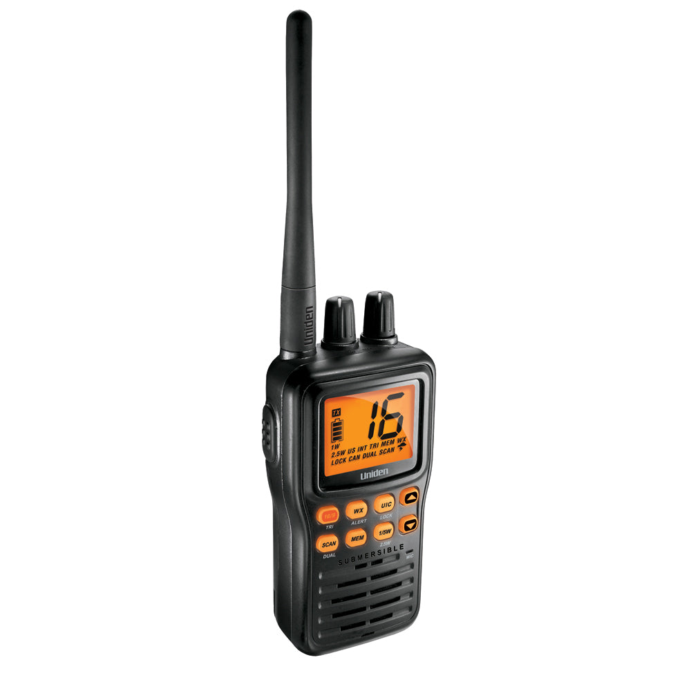 Uniden submersible marine VHF radio with orange display and weather channels