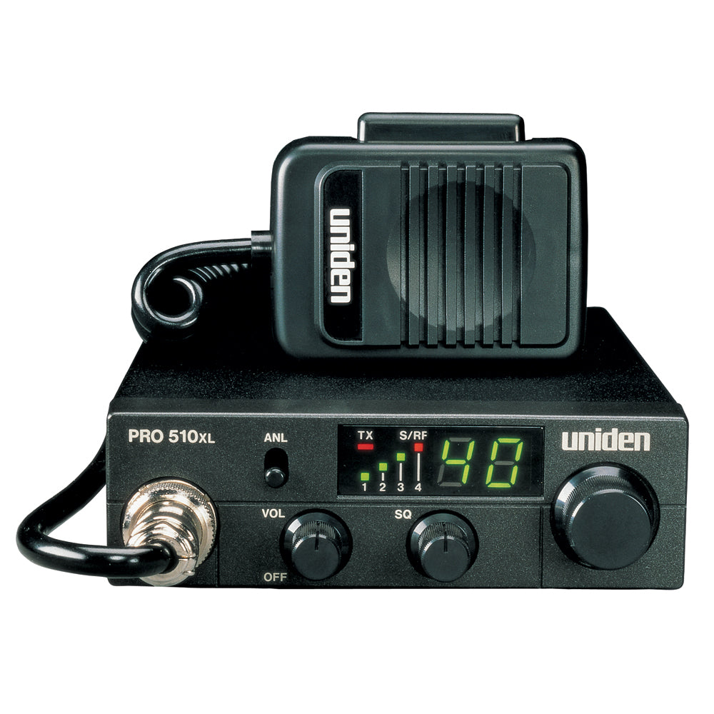 Uniden PRO 510XL CB radio with microphone, digital display, and control knobs for truck or car use