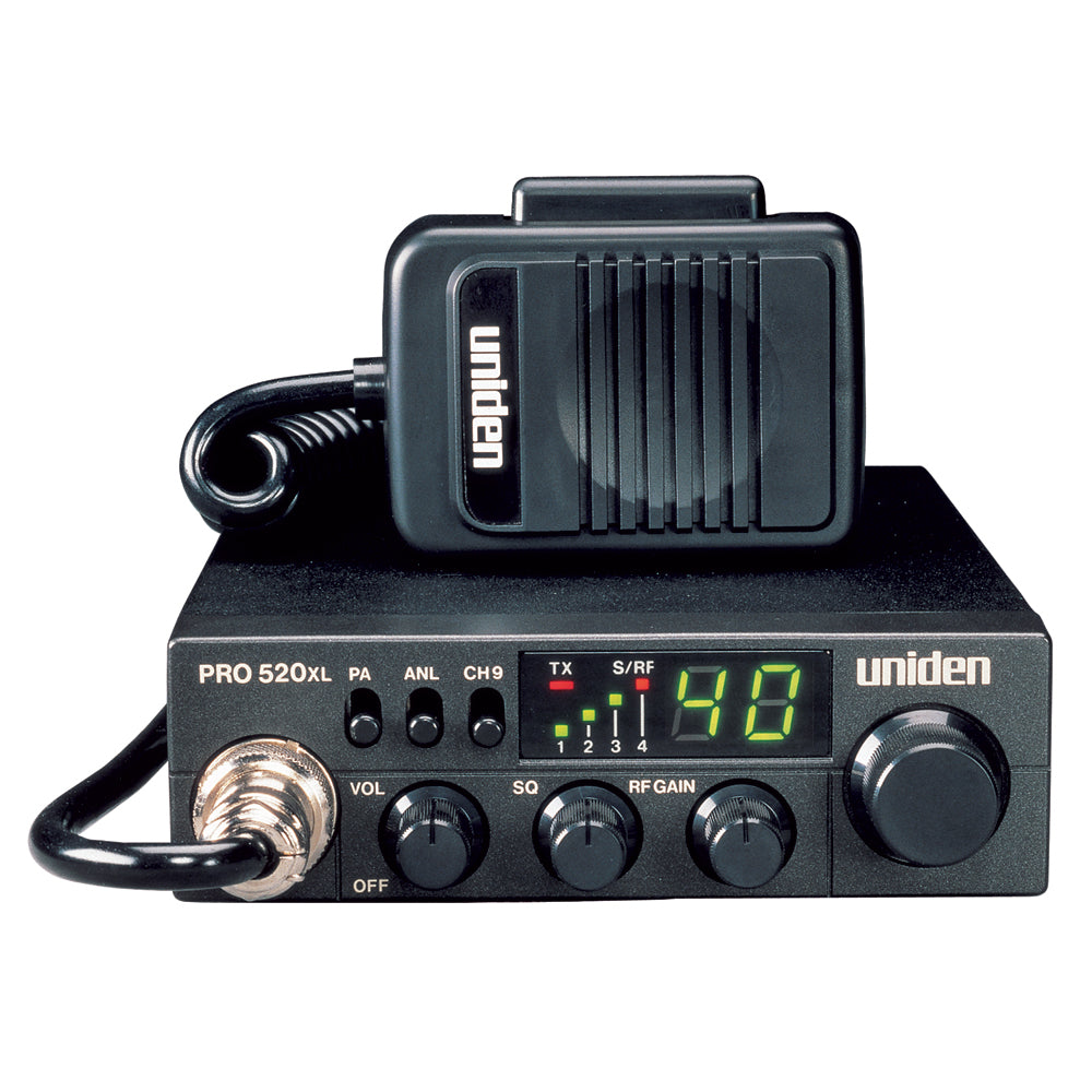 Uniden PRO 520XL CB radio with microphone, digital display, and control knobs for clear communication.