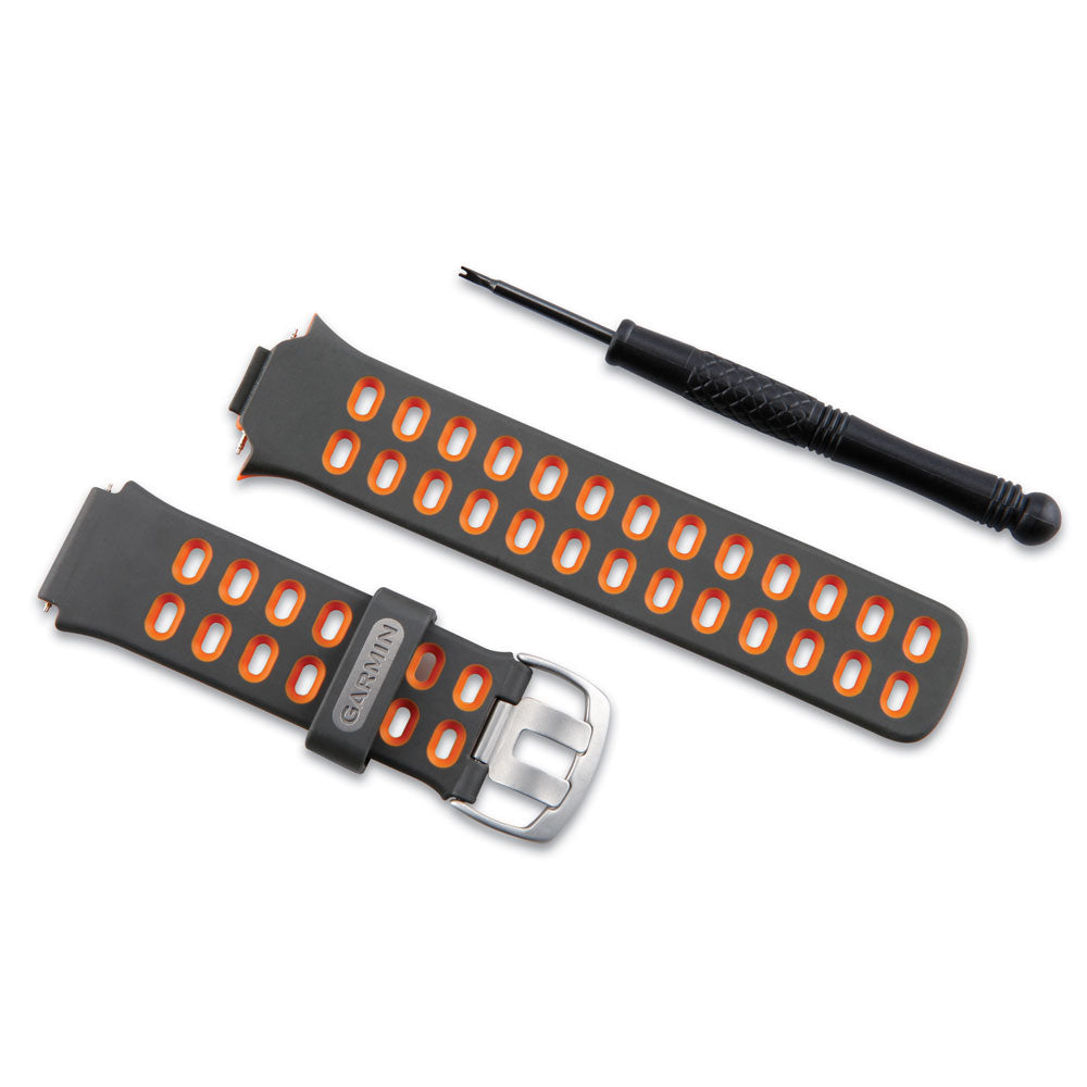 Garmin black and orange perforated watch band with tool, compatible with Forerunner models