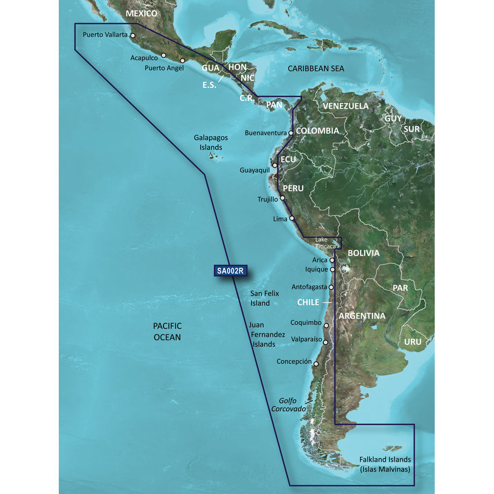 Map showing SA002R route from Mexico to Falkland Islands across Pacific Ocean and South America