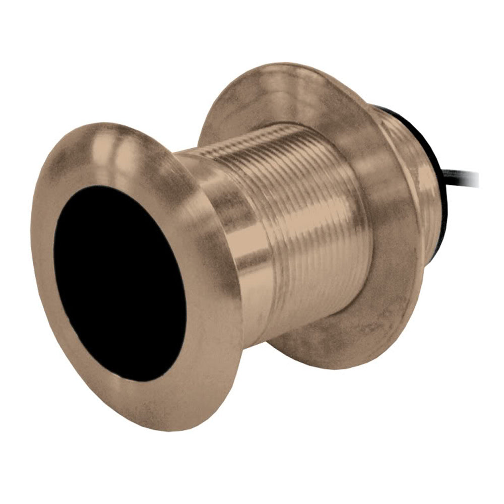 Metal marine thru-hull transducer with threaded fitting and cable for boat sonar installation