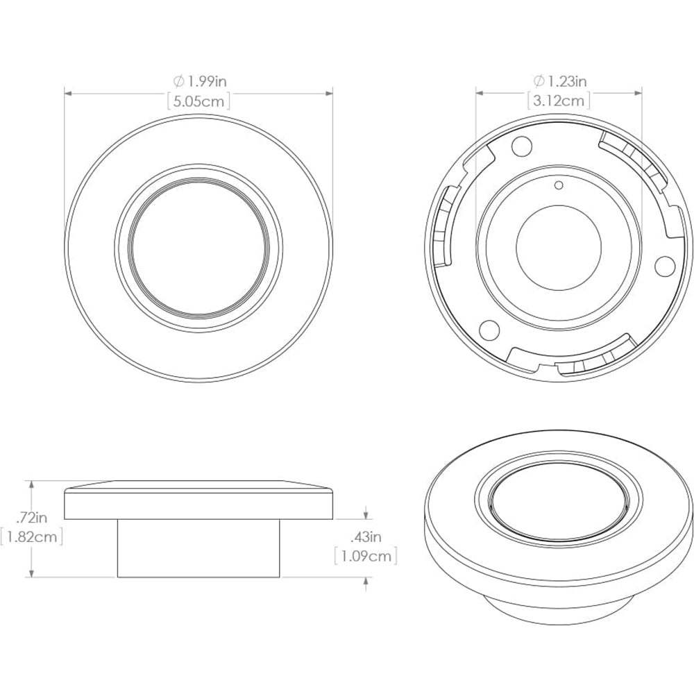 Technical diagram of a circular audio component with precise dimensions for car audio installation