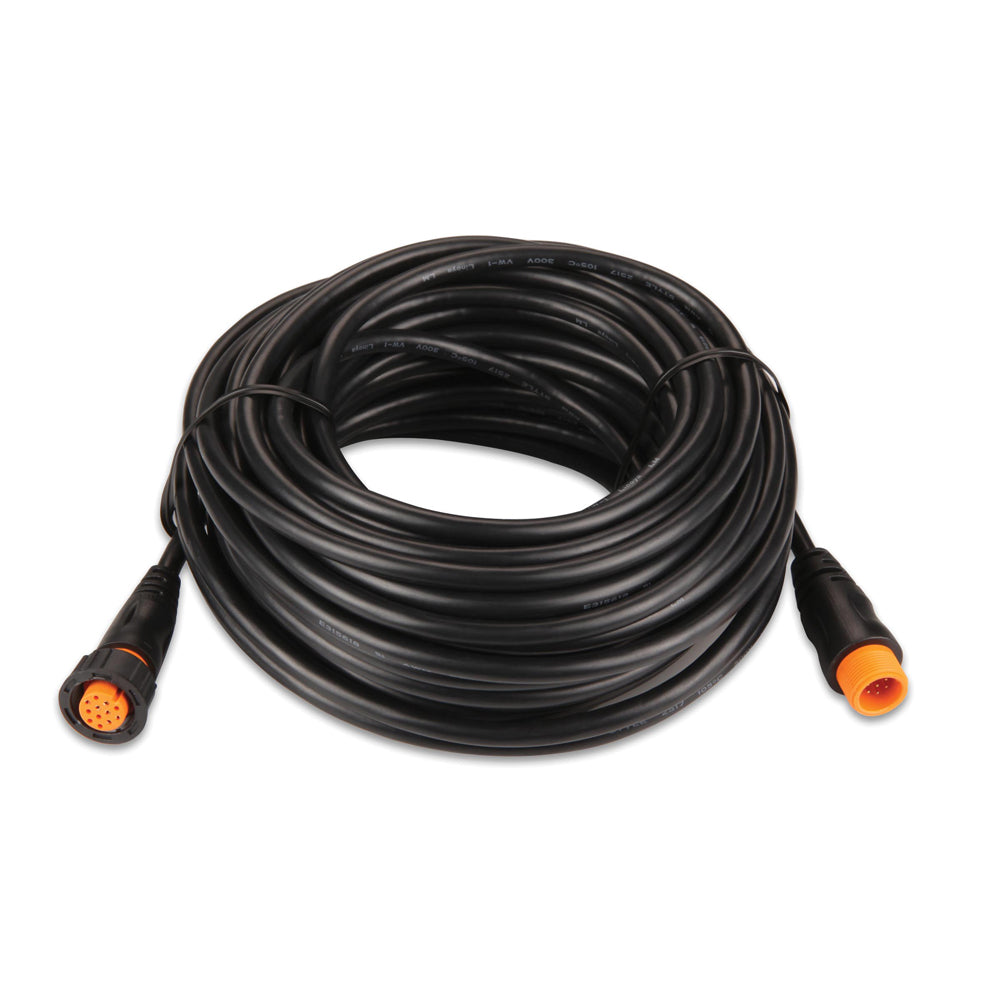 Black coiled audio cable with orange connectors for car stereo or marine audio installation