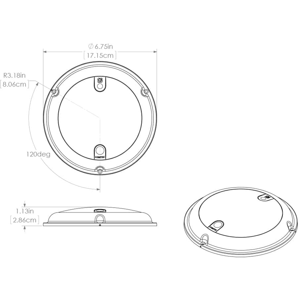 Lumetric marine speaker dimensions diagram, 6.75in diameter, 1.13in depth, for boat audio installation
