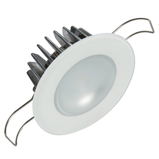 White LED recessed light with heat sink and mounting clips for residential or commercial installation