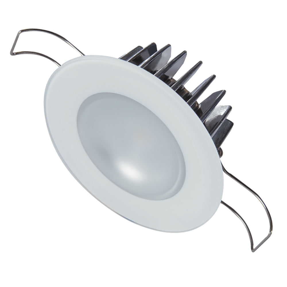 White LED recessed ceiling light with heat sink and mounting clips for residential or commercial use