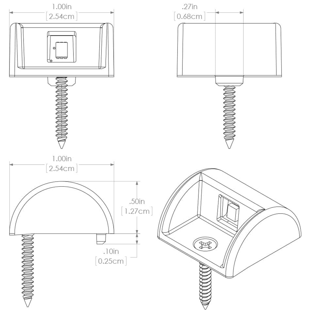 Technical diagram of mounting hardware with screw dimensions for auto or residential installation