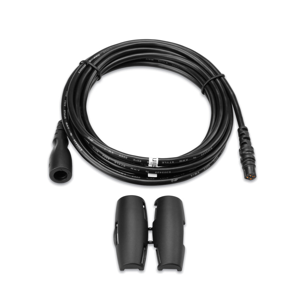 Black audio cable with connectors and protective caps for car audio installation
