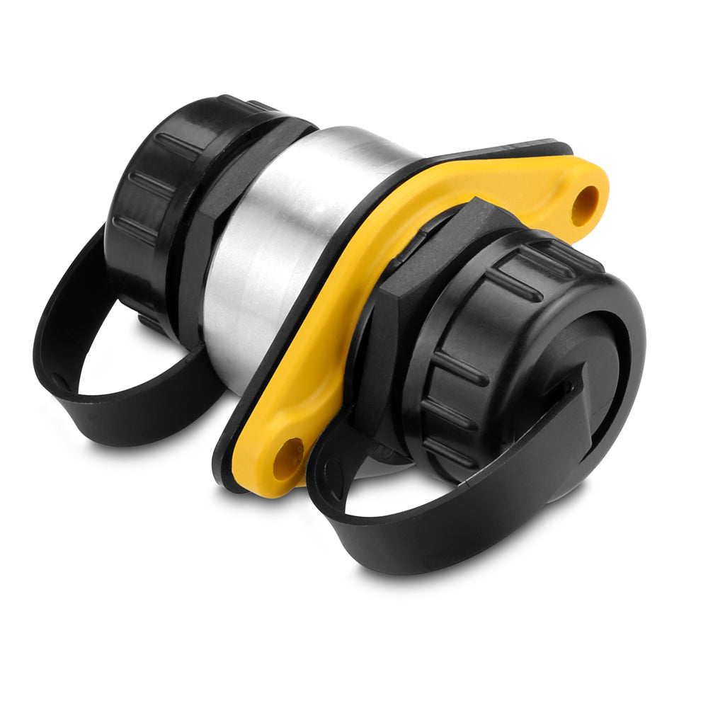 Black and yellow marine-grade electrical connector with stainless steel body for auto audio installation