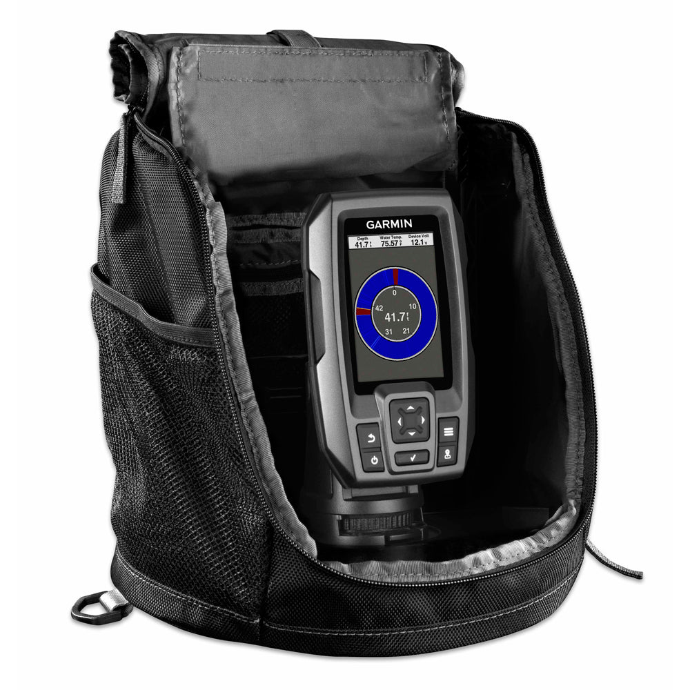 Garmin fish finder in protective carrying bag, displaying depth and water temp readings