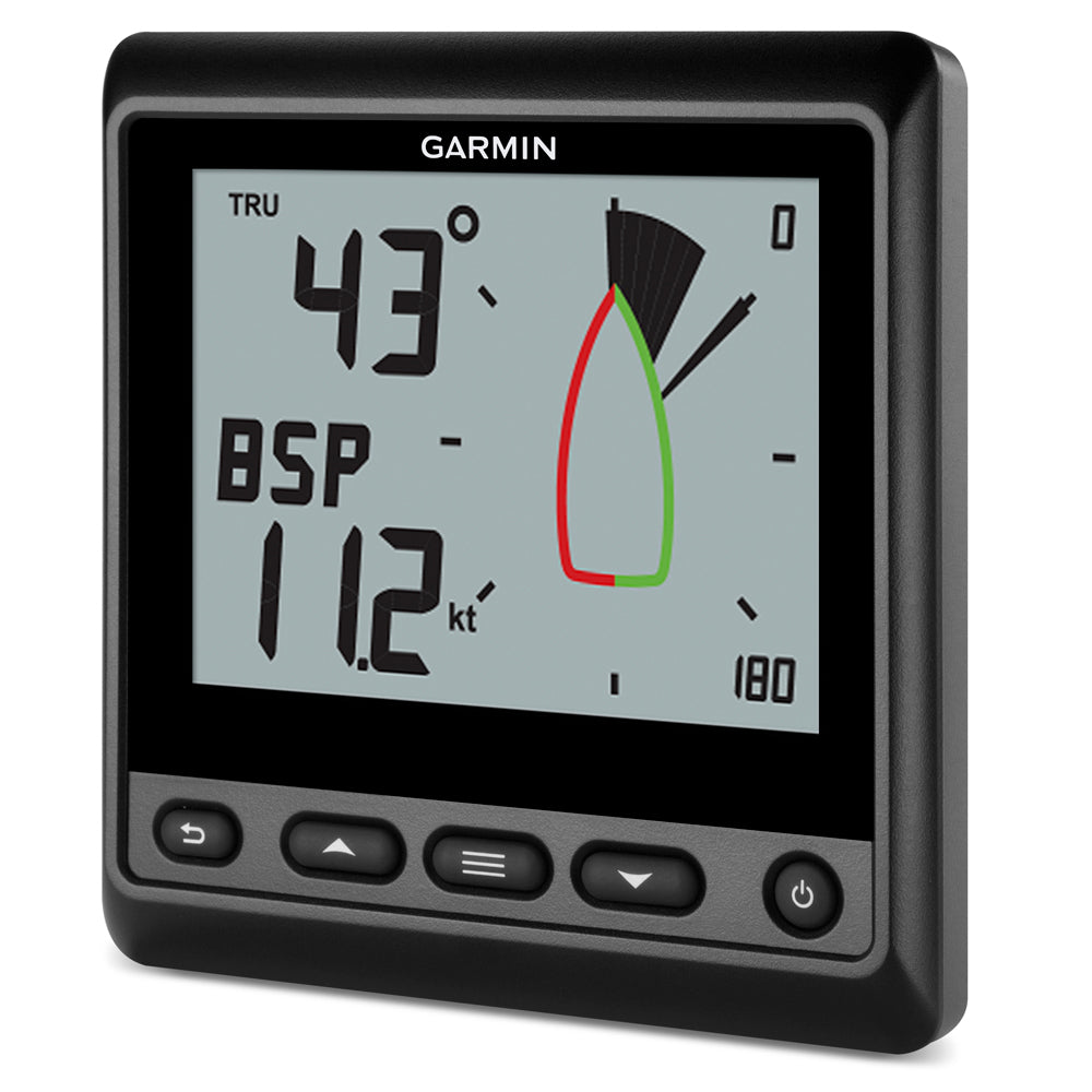 Garmin marine display showing 43° heading and 11.2 kt boat speed with sail performance graph