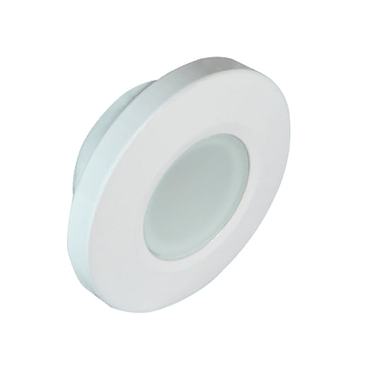 White circular LED puck light for auto or residential use, sleek design, recessed installation