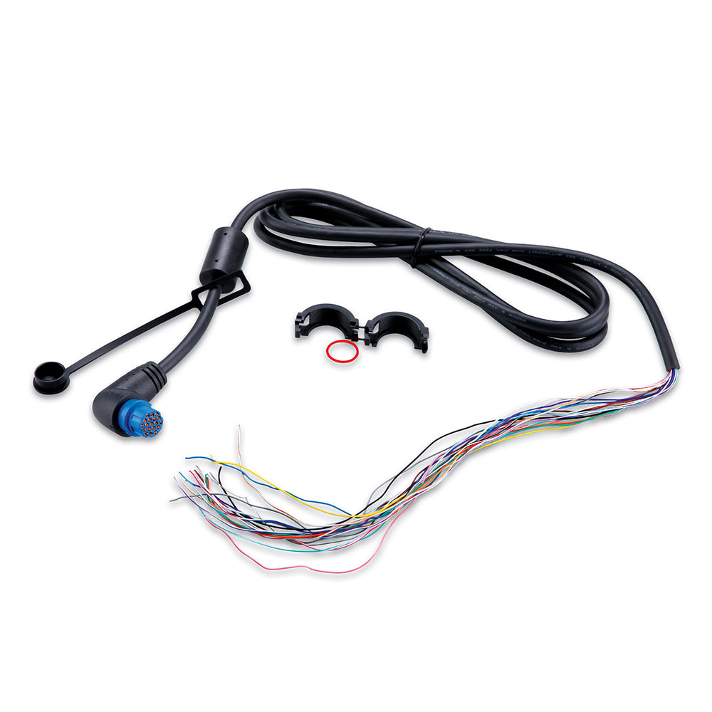 Multi-wire audio harness with blue connector and cable clamps for car stereo installation