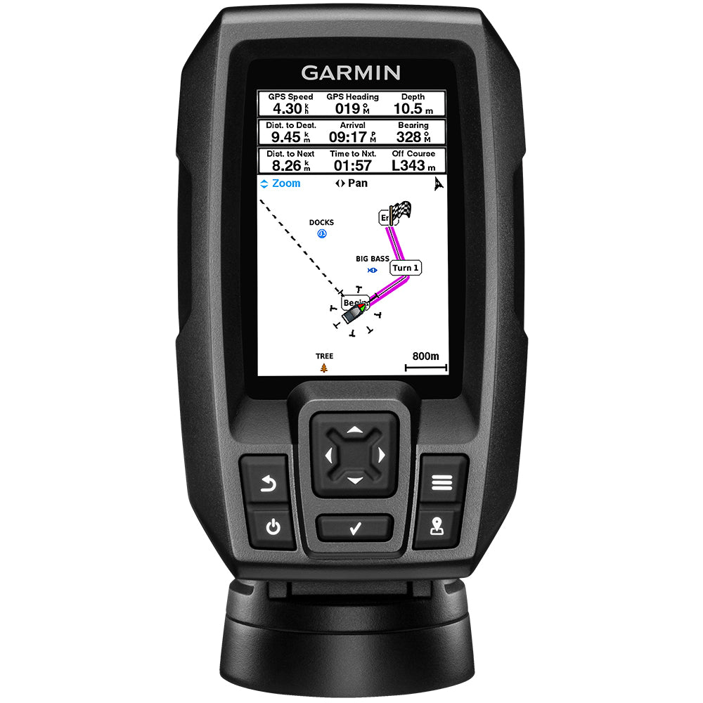 Garmin GPS marine navigator displaying speed, depth, and route map for boating navigation